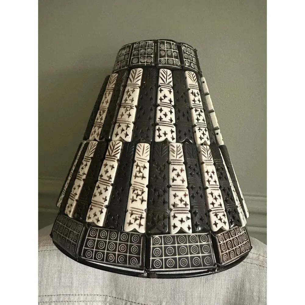 Vintage Carved Bone Clip bovine Tile Lamp Shade 8x3x8”brown cream off white